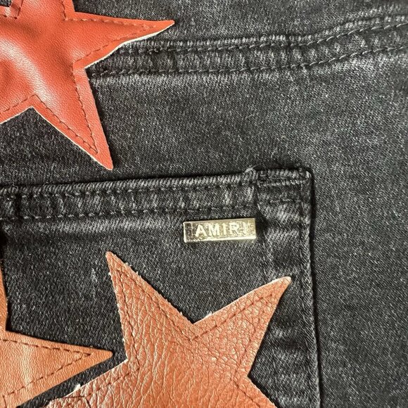 AMIRI Star Patch Jeans Black Leather Red Brown Size 32 Designer Denim USA Rare - Picture 14 of 16